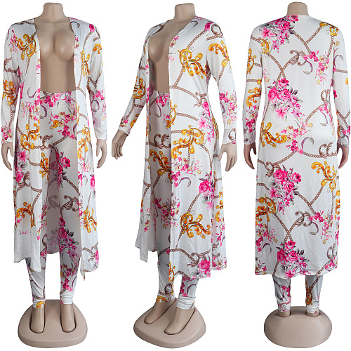 SUPER WHOLESALE | Printed Long Coat Bodycon Pants 2pieces in White