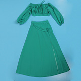 SUPER WHOLESALE | Plus Size Off-Shoulder Puffy Sleeves Top Split Skirt in Green