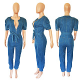 SUPER WHOLESALE | Plunging Neck Front Bow-tied Jumpsuit in Blue