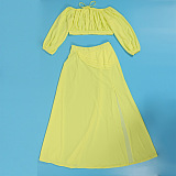 SUPER WHOLESALE | Plus Size Off-Shoulder Puffy Sleeves Top Split Skirt in Yellow