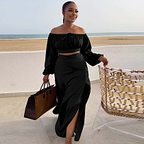 SUPER WHOLESALE | Plus Size Off-Shoulder Puffy Sleeves Top Split Skirt in Black