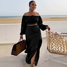 SUPER WHOLESALE | Plus Size Off-Shoulder Puffy Sleeves Top Split Skirt in Black