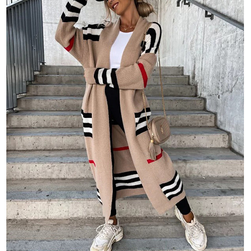 SUPER WHOLESALE | KNIT STRIPS PATTERN LONG SLEEVE  LOOSE SWEATER LONG CARDIGAN