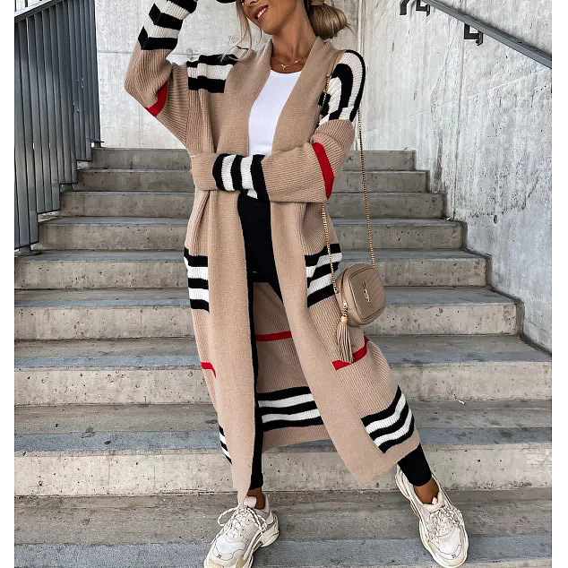 SUPER WHOLESALE | KNIT STRIPS PATTERN LONG SLEEVE  LOOSE SWEATER LONG CARDIGAN