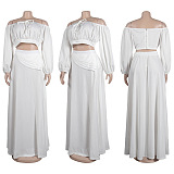 SUPER WHOLESALE | Plus Size Off-Shoulder Puffy Sleeves Top Split Skirt in White