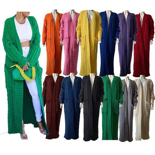 SUPER WHOLESALE | KNIT WEAVE PATTERN LONG SLEEVE POCKET LOOSE SWEATER LONG CARDIGAN