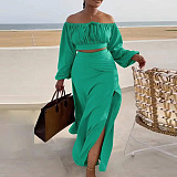 SUPER WHOLESALE | Plus Size Off-Shoulder Puffy Sleeves Top Split Skirt in Green