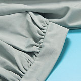 SUPER WHOLESALE | Plus Size Off-Shoulder Puffy Sleeves Top Split Skirt in Cyan
