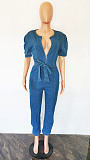 SUPER WHOLESALE | Plunging Neck Front Bow-tied Jumpsuit in Blue