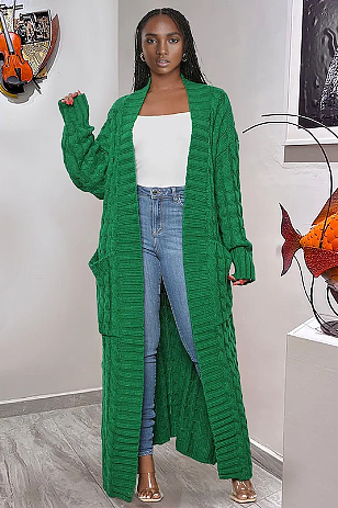 SUPER WHOLESALE | KNIT WEAVE PATTERN LONG SLEEVE POCKET LOOSE SWEATER LONG CARDIGAN