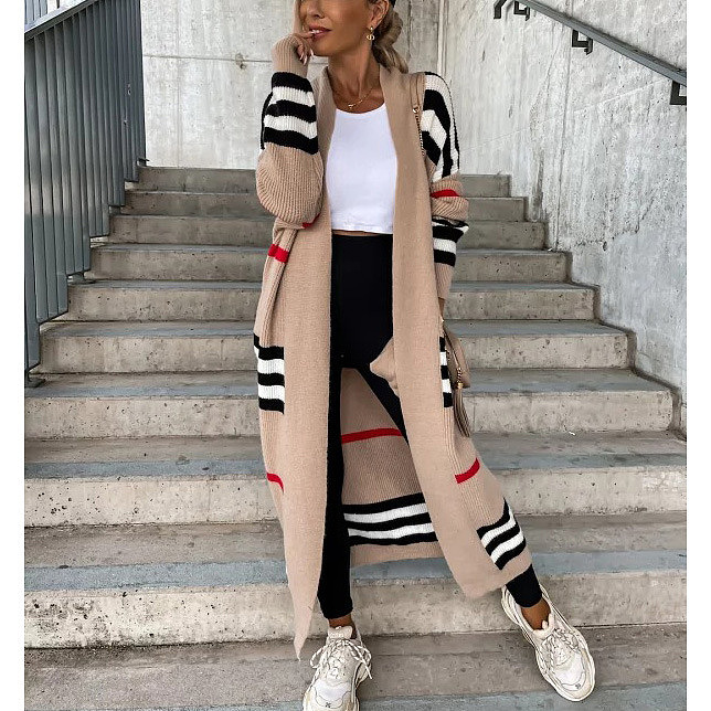 SUPER WHOLESALE | KNIT STRIPS PATTERN LONG SLEEVE  LOOSE SWEATER LONG CARDIGAN