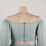 SUPER WHOLESALE | Plus Size Off-Shoulder Puffy Sleeves Top Split Skirt in Cyan
