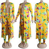 SUPER WHOLESALE | Printed Long Coat Bodycon Pants 2pieces in Yellow Feather