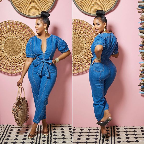 SUPER WHOLESALE | Plunging Neck Front Bow-tied Jumpsuit in Blue