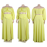 SUPER WHOLESALE | Plus Size Off-Shoulder Puffy Sleeves Top Split Skirt in Yellow