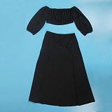 SUPER WHOLESALE | Plus Size Off-Shoulder Puffy Sleeves Top Split Skirt in Black