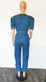 SUPER WHOLESALE | Plunging Neck Front Bow-tied Jumpsuit in Blue