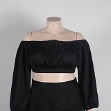 SUPER WHOLESALE | Plus Size Off-Shoulder Puffy Sleeves Top Split Skirt in Black