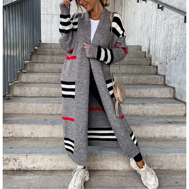 SUPER WHOLESALE | KNIT STRIPS PATTERN LONG SLEEVE  LOOSE SWEATER LONG CARDIGAN