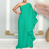 SUPER WHOLESALE | ONE SHOULDER SINGLE LONG SLEEVE RUFFLED TRIM CAPE STRAIGHT LEG WHITE JUMPSUIT IN CYAN