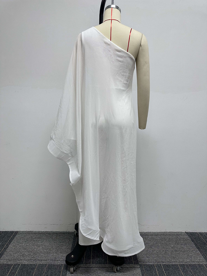 SUPER WHOLESALE | ONE SHOULDER SINGLE LONG SLEEVE RUFFLED TRIM CAPE STRAIGHT LEG WHITE JUMPSUIT IN WHITE
