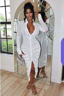 SUPER WHOLESALE | STRIPED BUTTON LONG SLEEVE BODYCON SLIT WHITE BLOUSE MIDI DRESSES