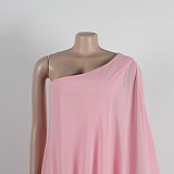 SUPER WHOLESALE | ONE SHOULDER SINGLE LONG SLEEVE RUFFLED TRIM CAPE STRAIGHT LEG WHITE JUMPSUIT IN PINK