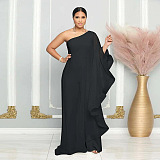 SUPER WHOLESALE | ONE SHOULDER SINGLE LONG SLEEVE RUFFLED TRIM CAPE STRAIGHT LEG WHITE JUMPSUIT IN BLACK