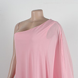 SUPER WHOLESALE | ONE SHOULDER SINGLE LONG SLEEVE RUFFLED TRIM CAPE STRAIGHT LEG WHITE JUMPSUIT IN PINK