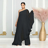 SUPER WHOLESALE | ONE SHOULDER SINGLE LONG SLEEVE RUFFLED TRIM CAPE STRAIGHT LEG WHITE JUMPSUIT IN BLACK