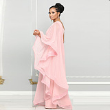SUPER WHOLESALE | ONE SHOULDER SINGLE LONG SLEEVE RUFFLED TRIM CAPE STRAIGHT LEG WHITE JUMPSUIT IN PINK