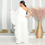 SUPER WHOLESALE | ONE SHOULDER SINGLE LONG SLEEVE RUFFLED TRIM CAPE STRAIGHT LEG WHITE JUMPSUIT IN WHITE
