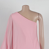SUPER WHOLESALE | ONE SHOULDER SINGLE LONG SLEEVE RUFFLED TRIM CAPE STRAIGHT LEG WHITE JUMPSUIT IN PINK