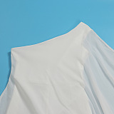SUPER WHOLESALE | ONE SHOULDER SINGLE LONG SLEEVE RUFFLED TRIM CAPE STRAIGHT LEG WHITE JUMPSUIT IN WHITE