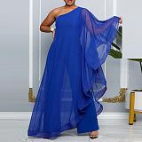 SUPER WHOLESALE | ONE SHOULDER SINGLE LONG SLEEVE RUFFLED TRIM CAPE STRAIGHT LEG WHITE JUMPSUIT IN BLUE