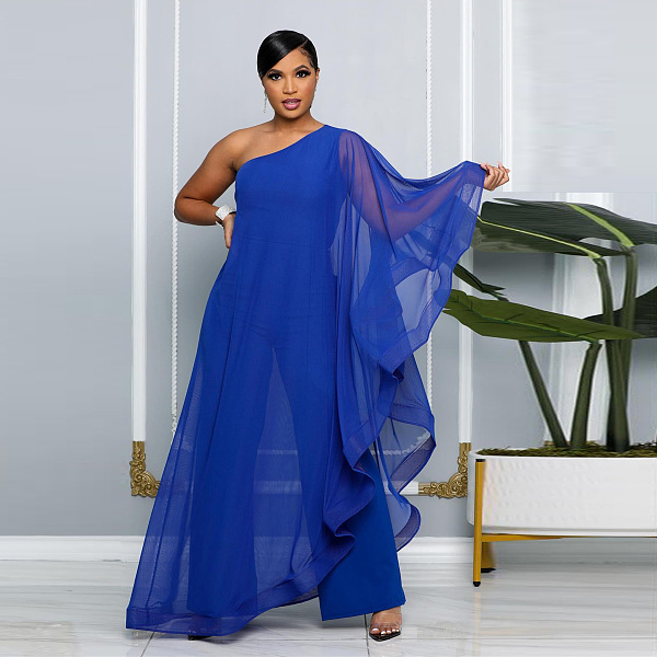 SUPER WHOLESALE | ONE SHOULDER SINGLE LONG SLEEVE RUFFLED TRIM CAPE STRAIGHT LEG WHITE JUMPSUIT IN BLUE
