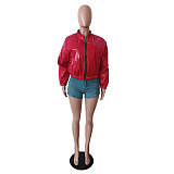 SUPER WHOLESALE | Shinning Material Zip Up Baseball Jacket in Red