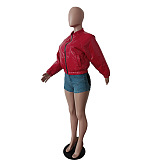 SUPER WHOLESALE | Shinning Material Zip Up Baseball Jacket in Red