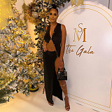 SUPER WHOLESALE | Bling Material Asymmetrical Top & Side Split Skirt Set