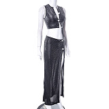 SUPER WHOLESALE | Bling Material Asymmetrical Top & Side Split Skirt Set