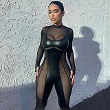 SUPER WHOLESALE | Pu Material Patchwork Long Sleeve Jumpsuit in Black