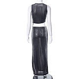 SUPER WHOLESALE | Bling Material Asymmetrical Top & Side Split Skirt Set