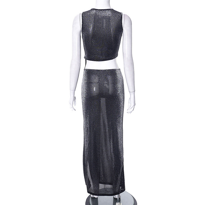 SUPER WHOLESALE | Bling Material Asymmetrical Top & Side Split Skirt Set