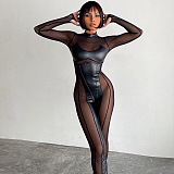 SUPER WHOLESALE | Pu Material Patchwork Long Sleeve Jumpsuit in Black