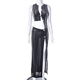 SUPER WHOLESALE | Bling Material Asymmetrical Top & Side Split Skirt Set