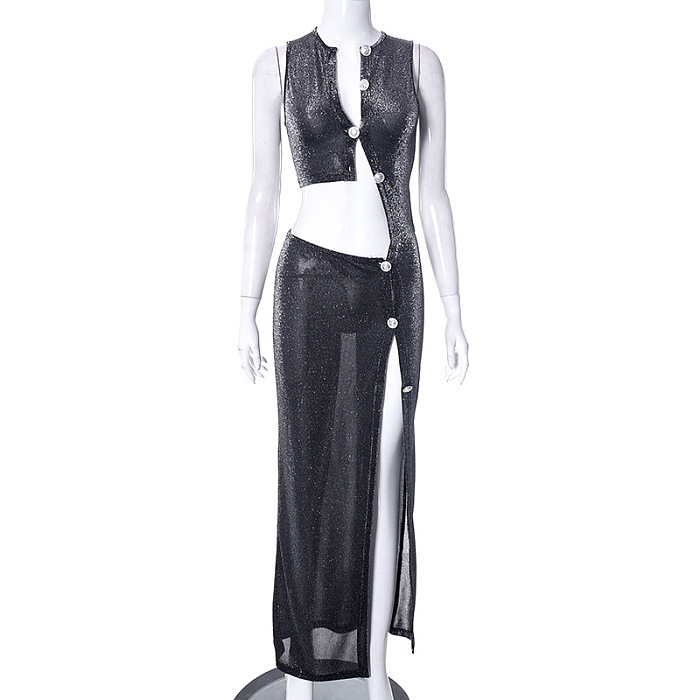 SUPER WHOLESALE | Bling Material Asymmetrical Top & Side Split Skirt Set
