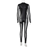 SUPER WHOLESALE | Pu Material Patchwork Long Sleeve Jumpsuit in Black