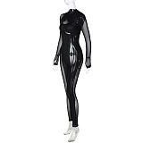 SUPER WHOLESALE | Pu Material Patchwork Long Sleeve Jumpsuit in Black