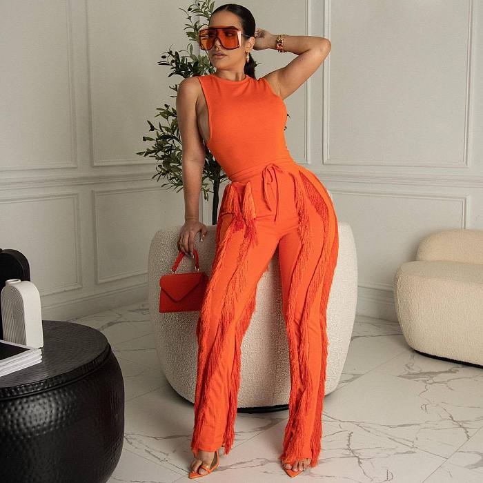 SUPER WHOLESALE | Tassel Fringe Two-Piece Set  in Orange