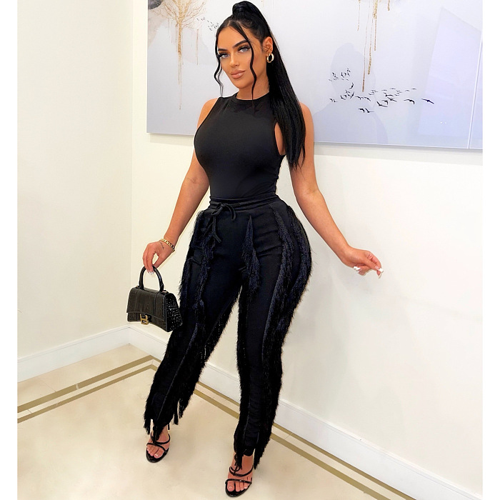 SUPER WHOLESALE | Tassel Fringe Two-Piece Set  in Black